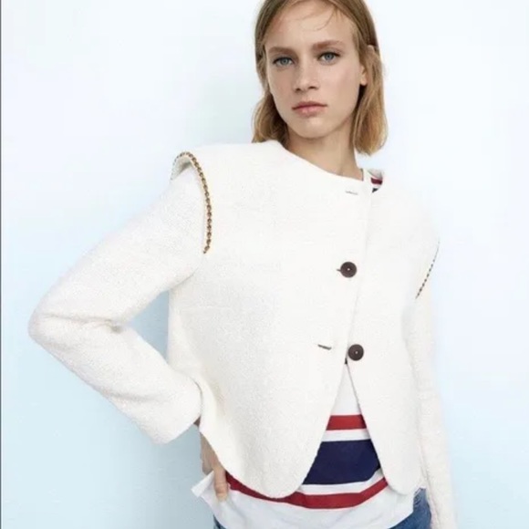 ZARA Ecru Textured Pronounced button blazer jacket women size Large - Picture 1 of 8
